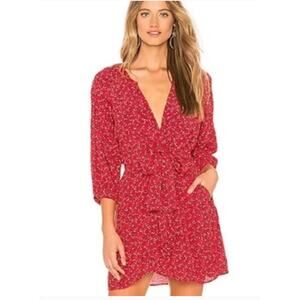 Free People Long Sleeve Tie Red Ditzy Floral Print Summer V Neck Clara Dress